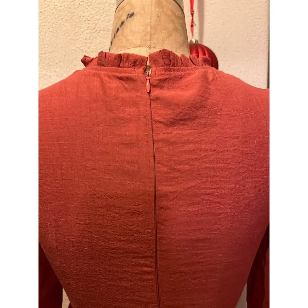 Smocked Frilled Neck Puff Sleeve Ruffle Hem Mini Dress NWOT Size S - Picture 9 of 11